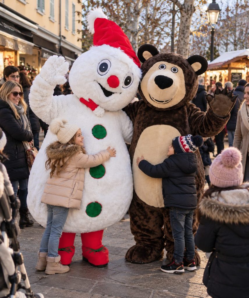 Mascottes de Noël, bonhomme de neige et ourson, en déambulation avec les enfants