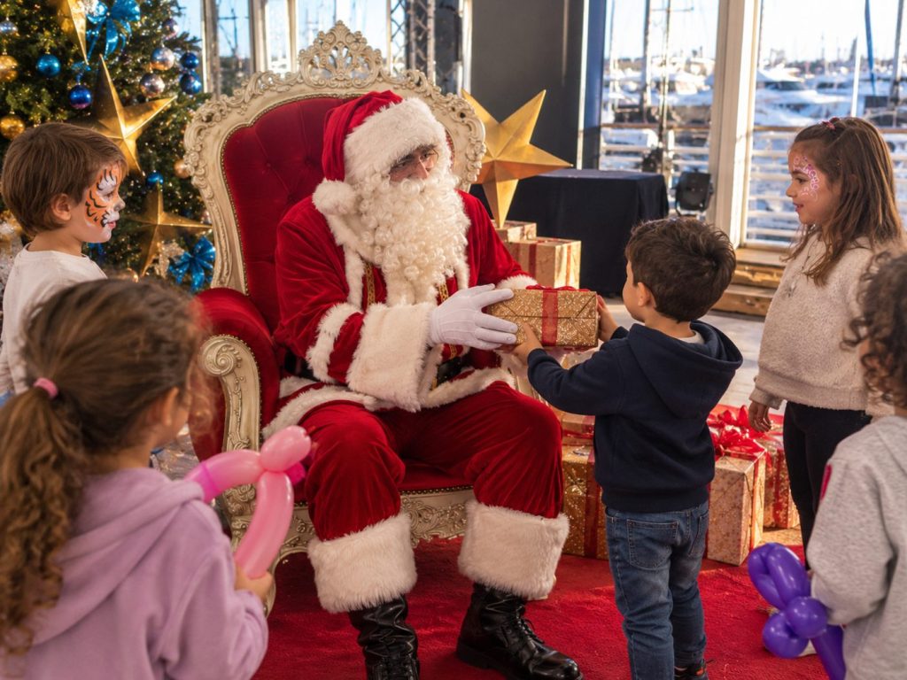 Le Père Noël et la distribution des cadeaux sur son trône